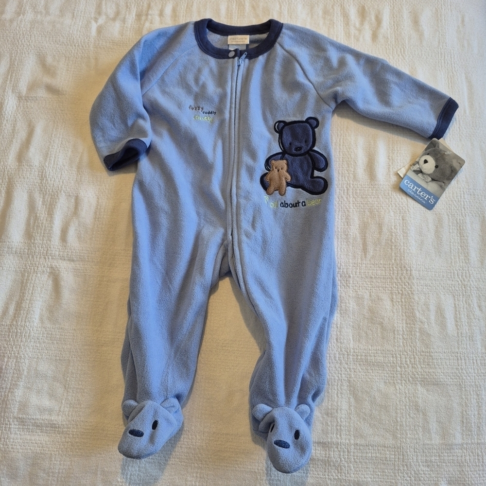 Carter's boys 6-9 months blue fleece footie perfect stroller suit NWT
